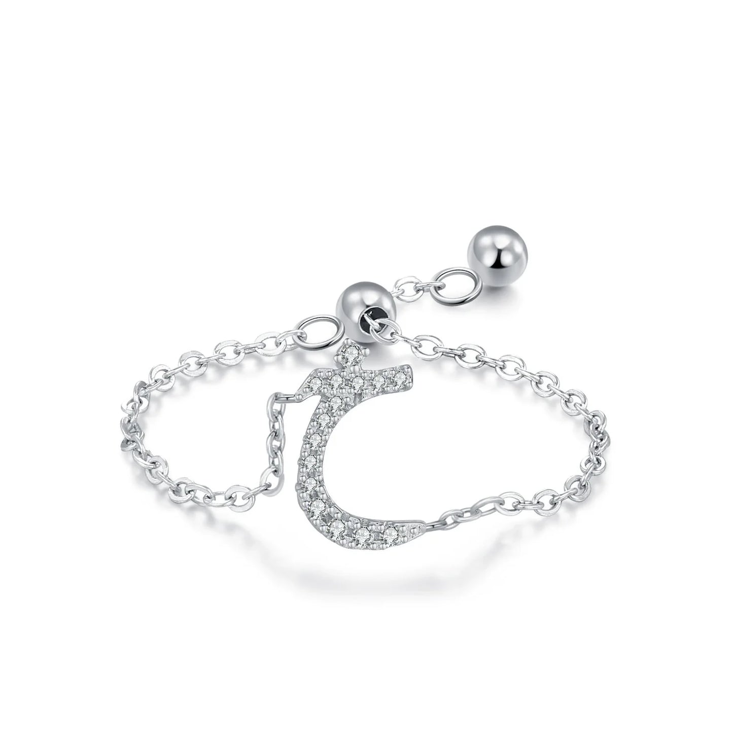 Silver-tone adjustable chain ring with semicircle pavé CZ Arabic letter charm and ball details