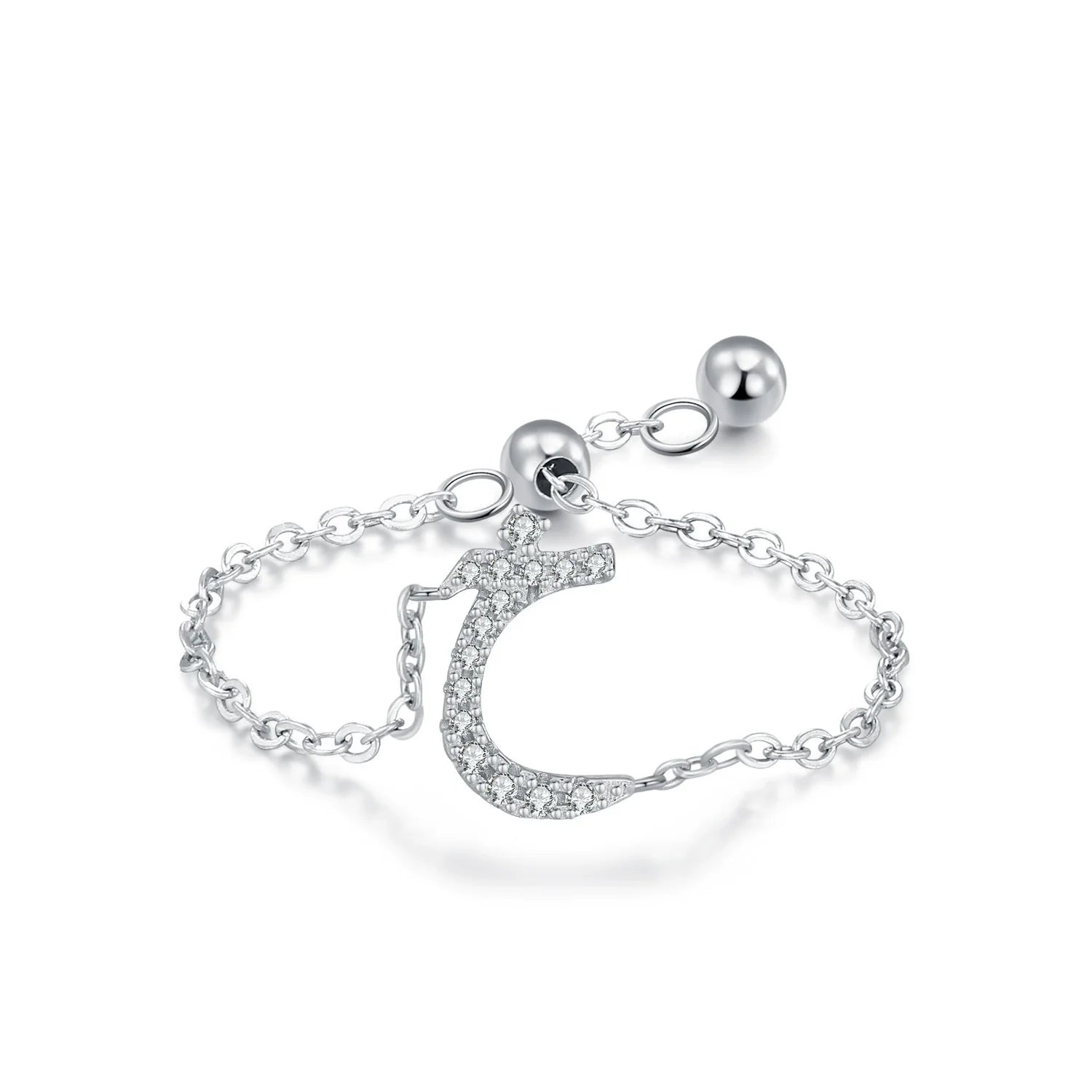 Silver-tone adjustable chain ring with semicircle pavé CZ Arabic letter charm and ball details