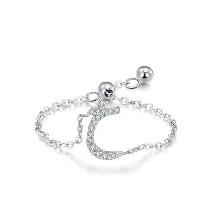 Silver-tone adjustable chain ring with semicircle pavé CZ Arabic letter charm and ball details