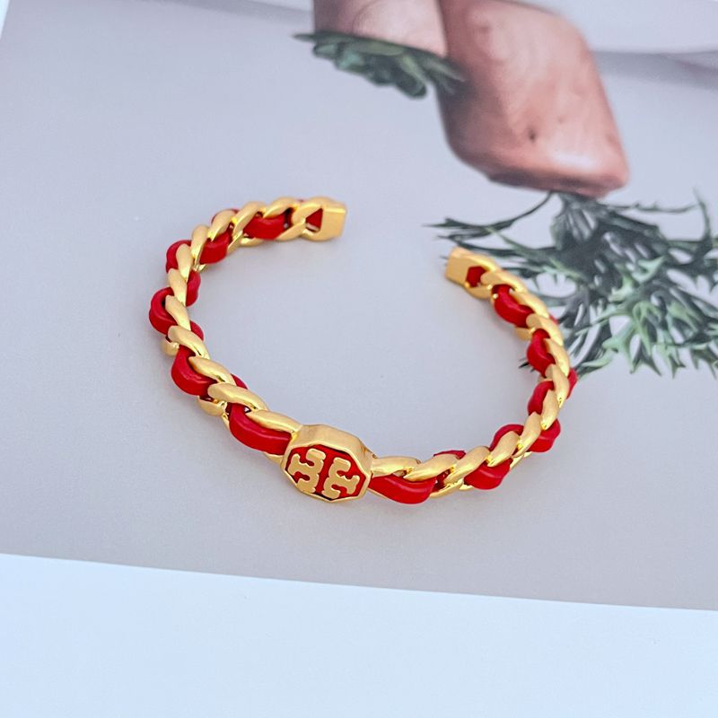 Tory Burch Exquisite Woven Leather Logo Open Cuff Bangle women