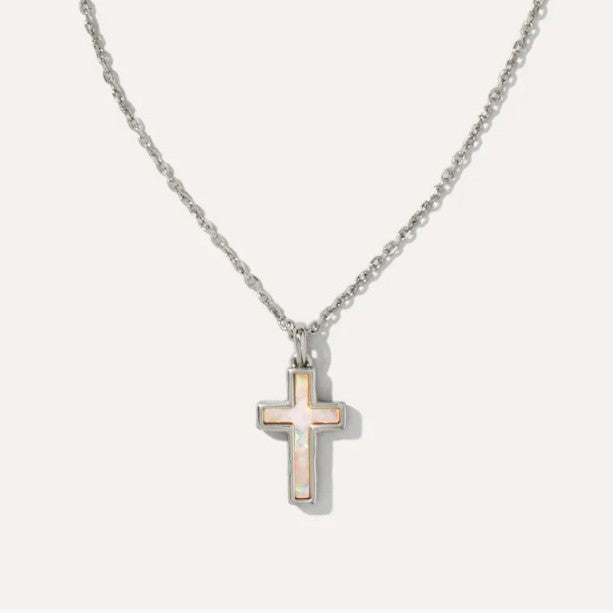 Silver cross pendant necklace with mother-of-pearl inlay and link chain