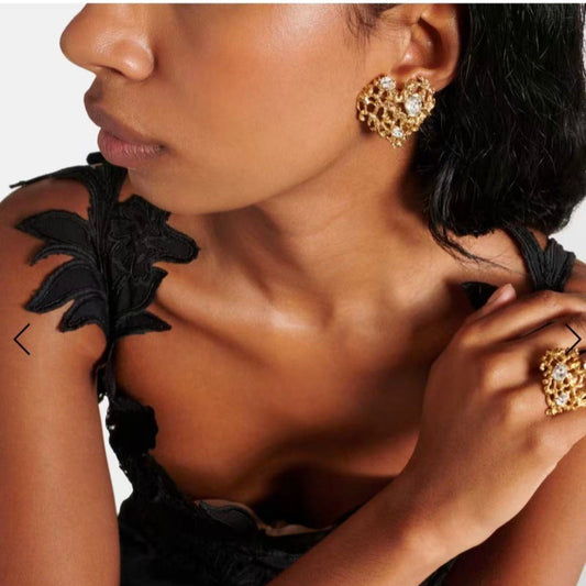 Gold-tone irregular openwork heart clip-on earrings with crystal centers