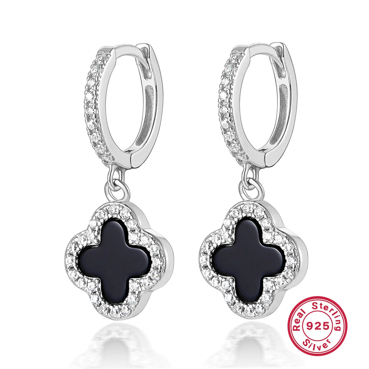 Silver-tone hoop earrings with four-leaf clover charm, black center stone and crystal border