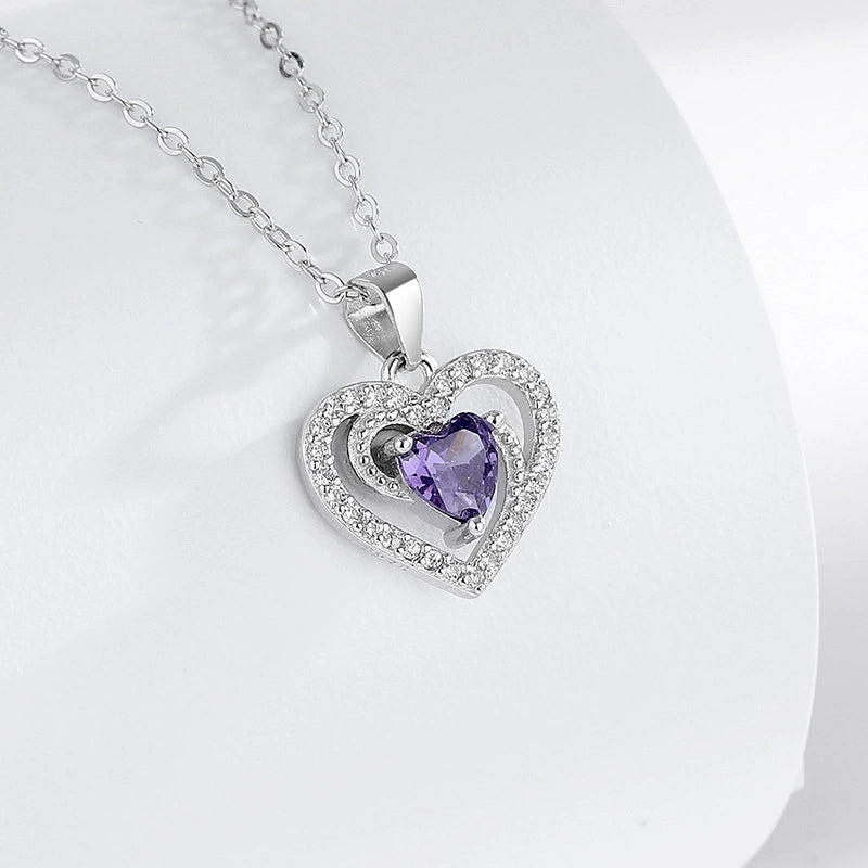 s925 sterling silver heart-shaped purple diamond necklace pendant women