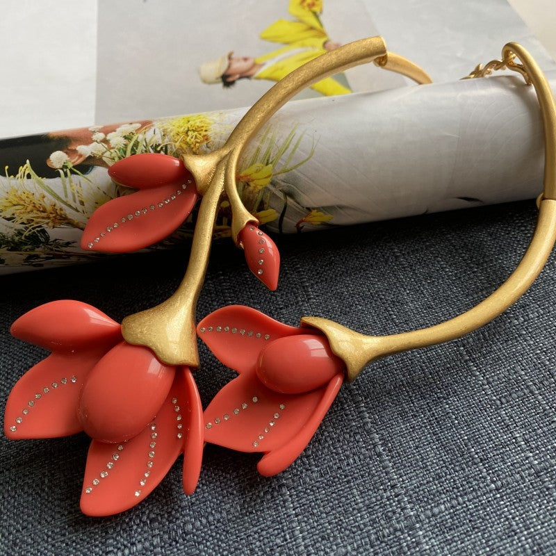 Oscar de la Renta Coral Red Resin Floral Necklace & Stud Earring Set