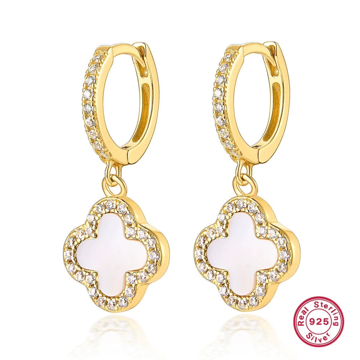 Gold hoop earrings with four-leaf clover charm, white mother-of-pearl and cubic zirconia