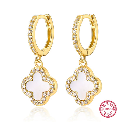Gold hoop earrings with four-leaf clover charm, white mother-of-pearl and cubic zirconia