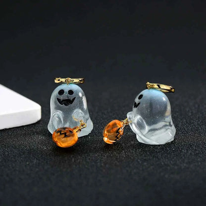 Halloween Hoop Earrings - S925 Sterling Silver with 3D Ghost & Pumpkin Charms