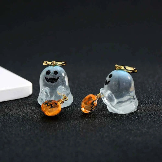 Halloween Hoop Earrings - S925 Sterling Silver with 3D Ghost & Pumpkin Charms