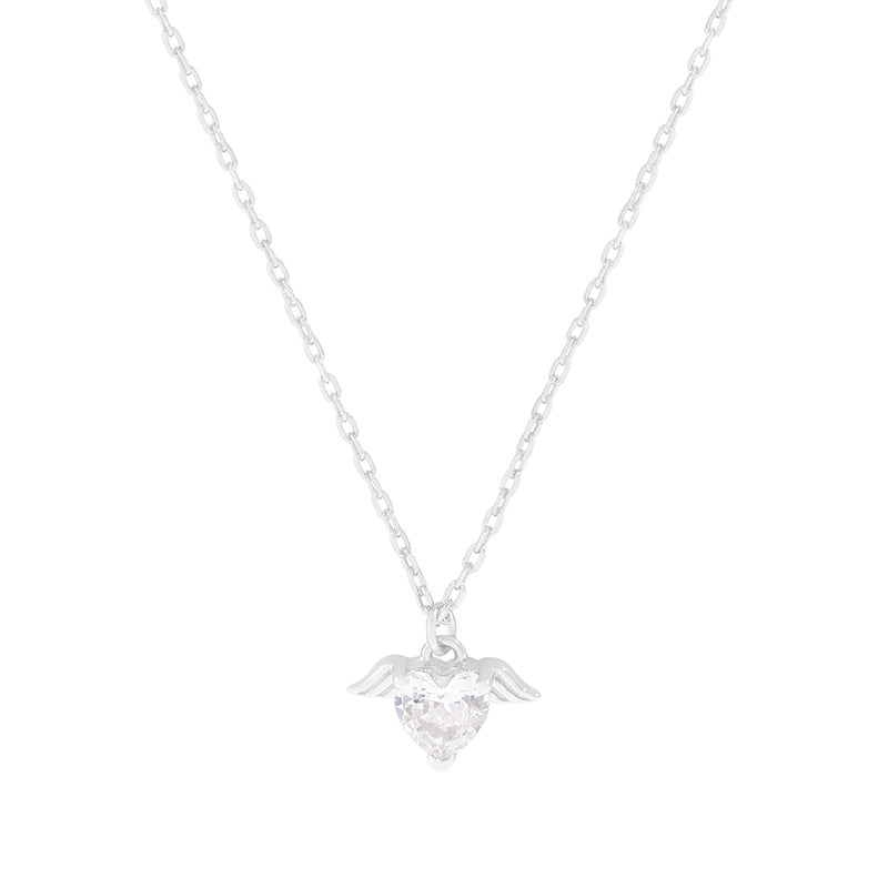S925 Silver Angel Wing Heart CZ Pendant Necklace