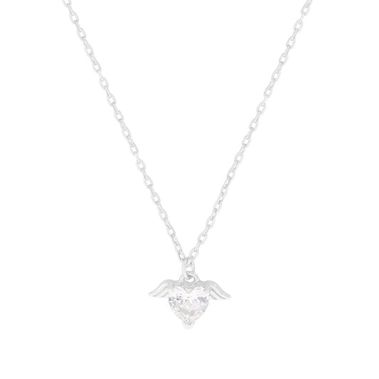 S925 Silver Angel Wing Heart CZ Pendant Necklace