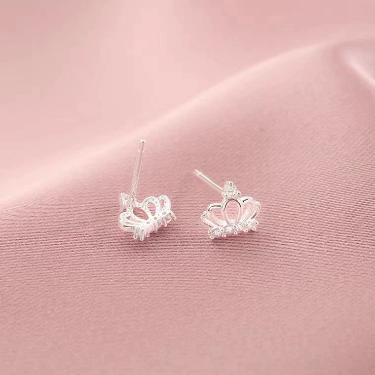 S999 sterling silver diamonds crown stud earrings