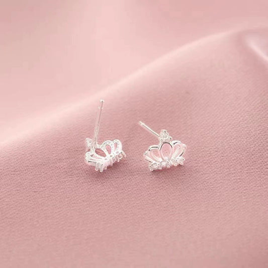 Crown stud earrings with post backs, silver-tone finish and clear stones