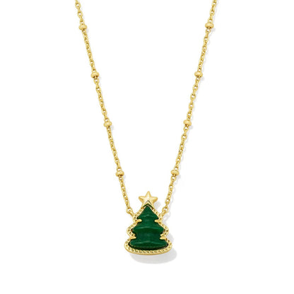 Gold-plated necklace with green Christmas tree pendant and star charm, on gold chain