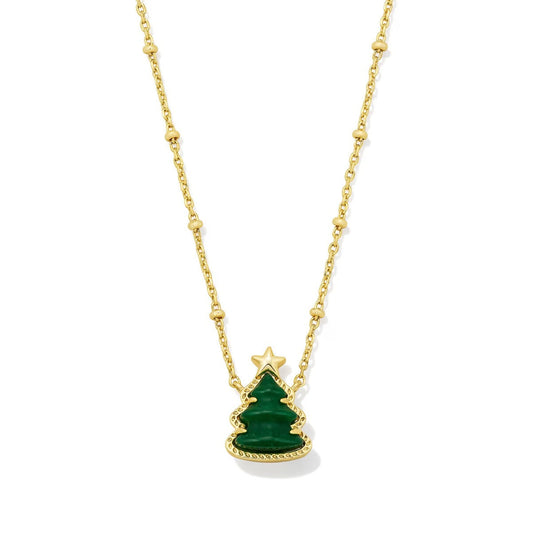 Gold-plated necklace with green Christmas tree pendant and star charm, on gold chain