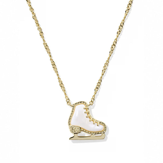 Gold-plated ice skate pendant necklace with white enamel details on a gold chain