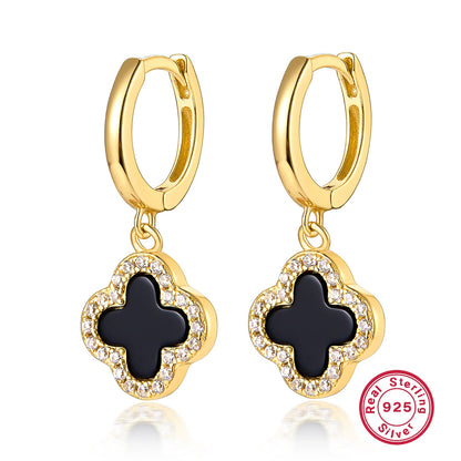 Gold 925 silver clover drop earrings with black onyx center and crystal halo