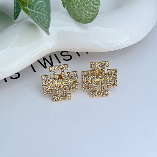 Tory Burch full-diamond embellished logo metal stud earrings