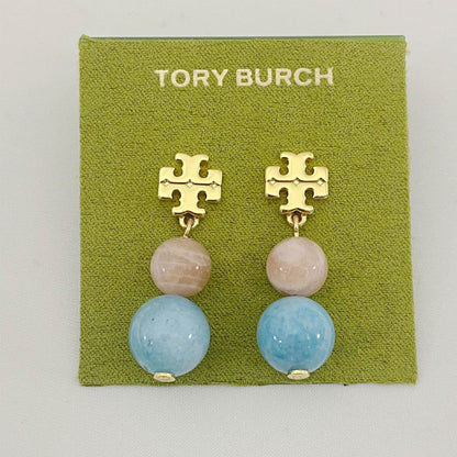 Tory Burch logo pendant earrings with pale pink and light blue agate beads