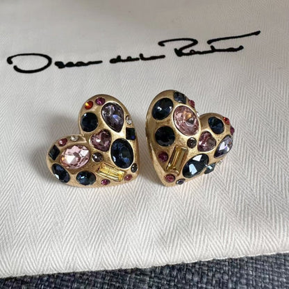 Oscar de la Renta Heart-Shaped Crystal Diamond Stud Earrings
