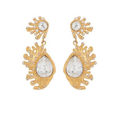 Gold-plated cactus crystal dangle earrings with clear teardrop stones and round studs
