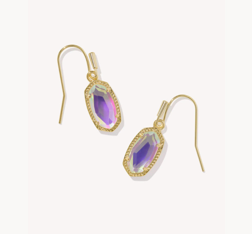 Gold-tone oval crystal drop earrings with hook backs and purple faceted stones