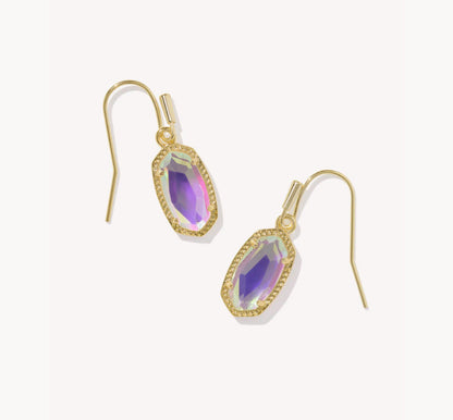 Gold-tone oval crystal drop earrings with hook backs and purple faceted stones