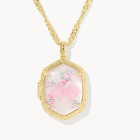 Gold-plated pendant necklace with pink floral octagon frame and linked chain