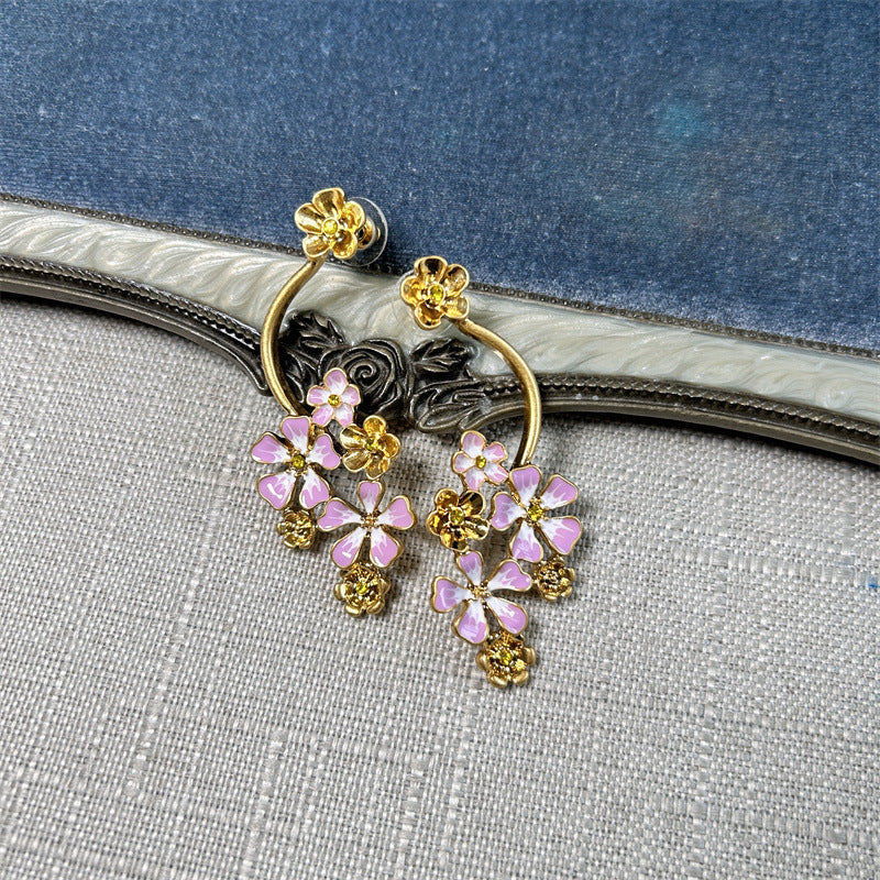 Oscar de la Renta Long Colored Enamel Flower Stud Earrings