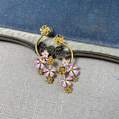 Oscar de la Renta Long Colored Enamel Flower Stud Earrings