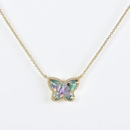 Gold butterfly pendant necklace with iridescent multi-color AB stone
