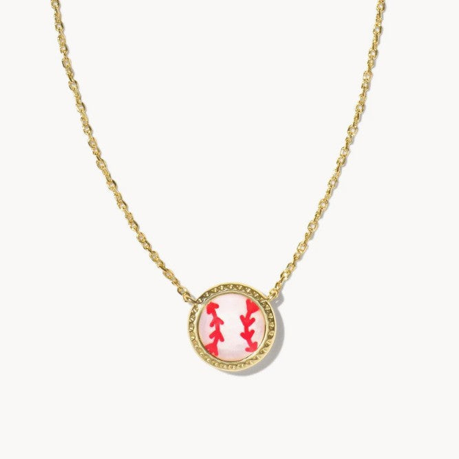 Gold-tone sports pendant necklace with yellow softball charm and red icons