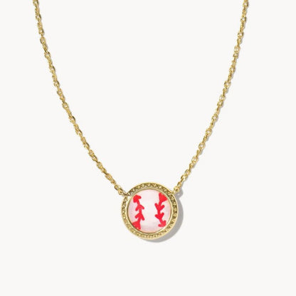 Gold-tone sports pendant necklace with yellow softball charm and red icons