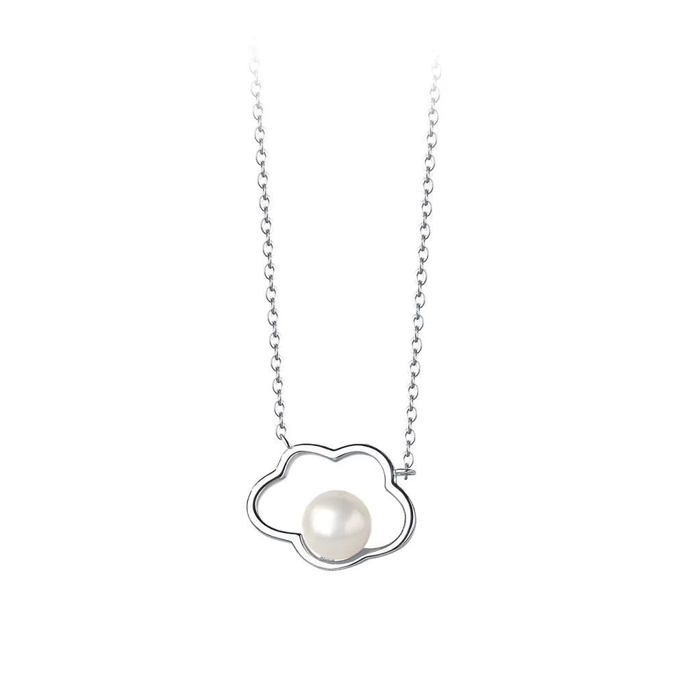 Silver-toned sterling silver necklace with cloud pendant and pearl, fine chain