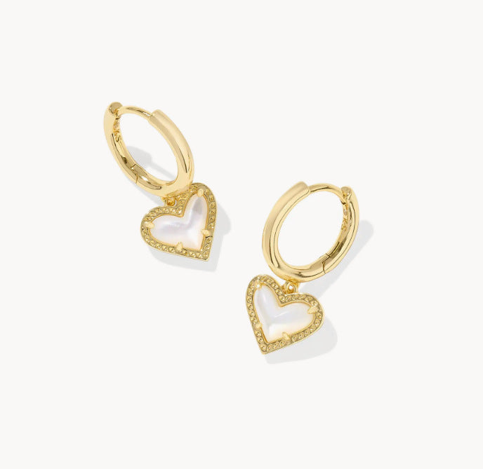Gold heart pendant hoop earrings with white mother-of-pearl heart stone and gold bezel
