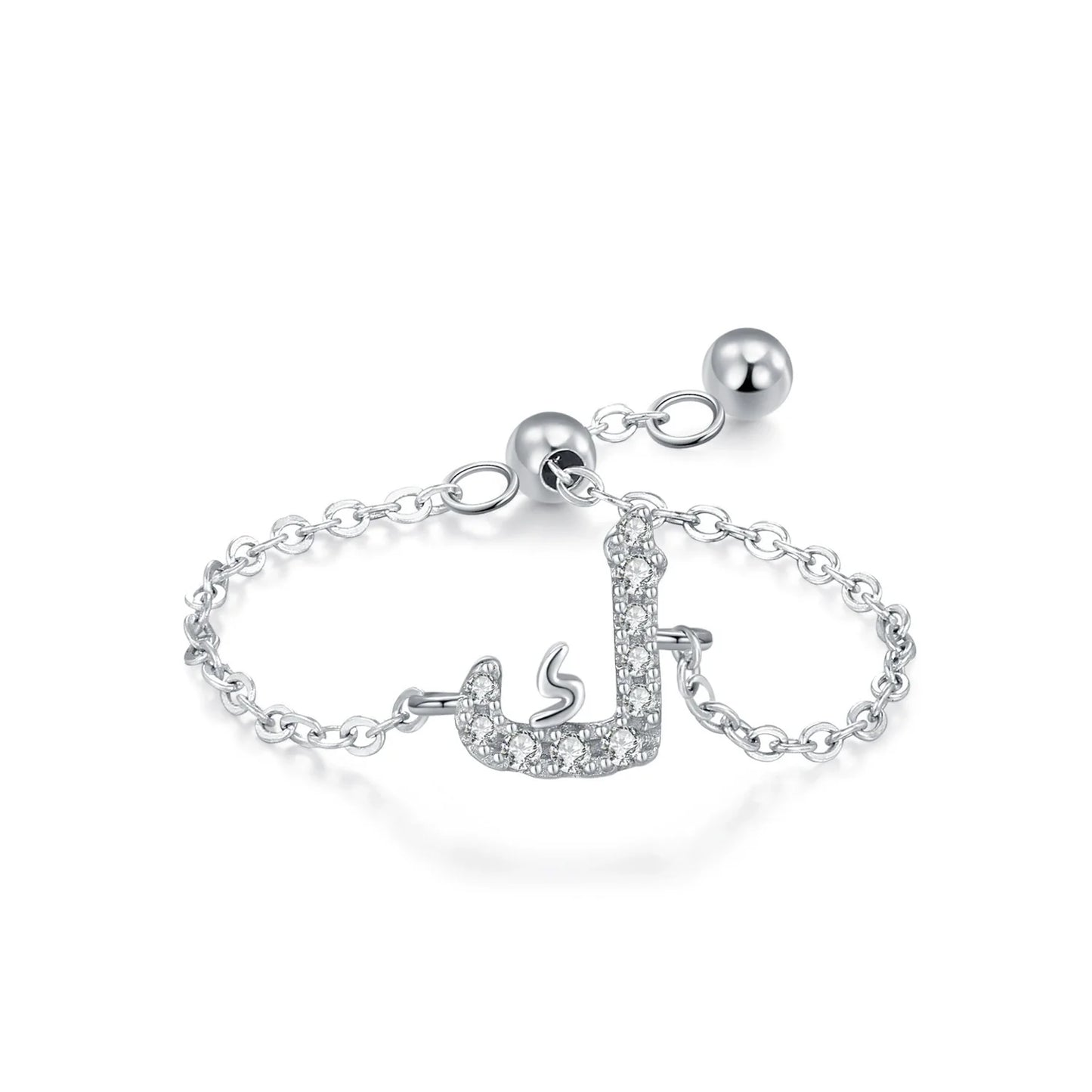 Adjustable silver pavé Arabic letter ring with CZ stones, letter centerpiece on chain band