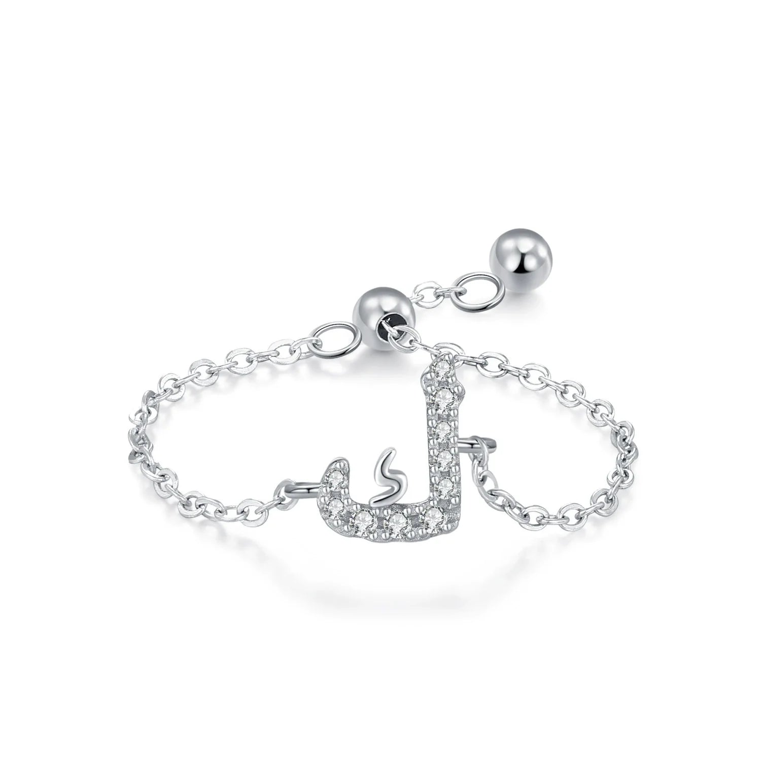 Adjustable silver pavé Arabic letter ring with CZ stones, letter centerpiece on chain band