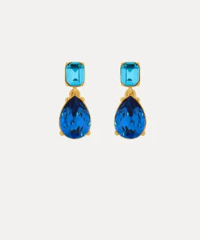 Teardrop-cut diamond stud earrings with turquoise-blue square studs and teardrop stones