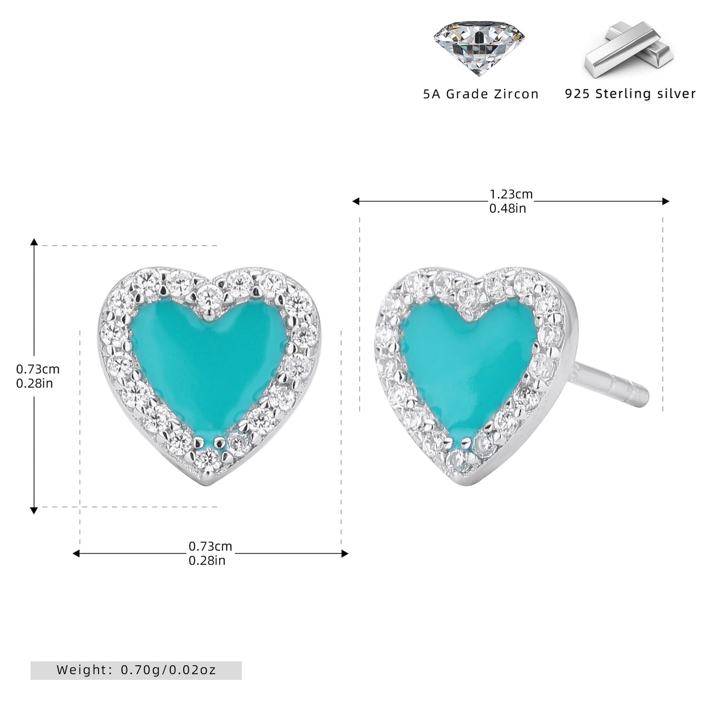 Silver heart stud earrings with turquoise enamel and clear stone halo; post back, S925.