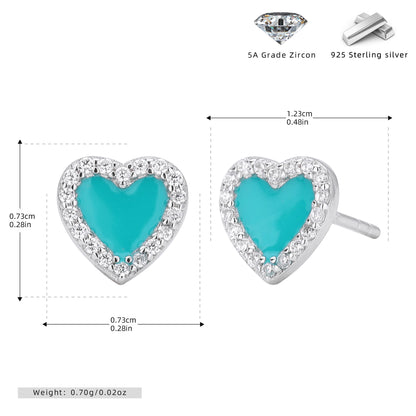Silver heart stud earrings with turquoise enamel and clear stone halo; post back, S925.