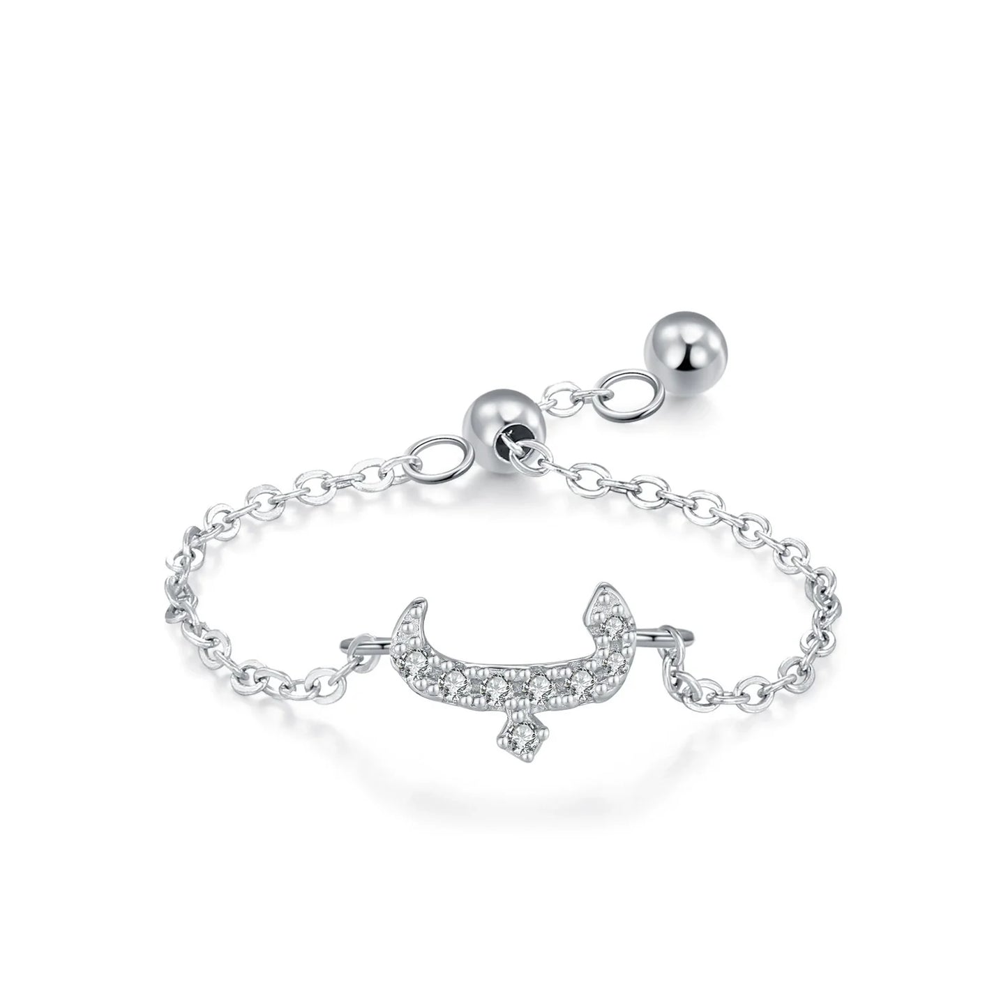 Silver Arabic letter pavé chain ring with pavé CZ letter charm and round ball adjuster