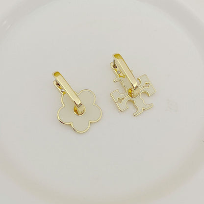 Tory Burch Elegant Floral Logo U-Shaped Metal Earrings