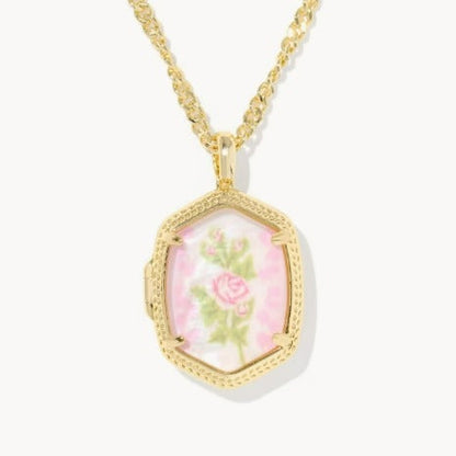 Gold-plated pendant necklace with pink rose floral octagon frame and linked chain