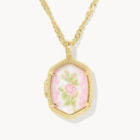 Gold-plated pendant necklace with pink rose floral octagon frame and linked chain