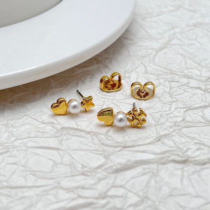 Tory Burch gold-tone heart and star stud earrings with white pearl beads