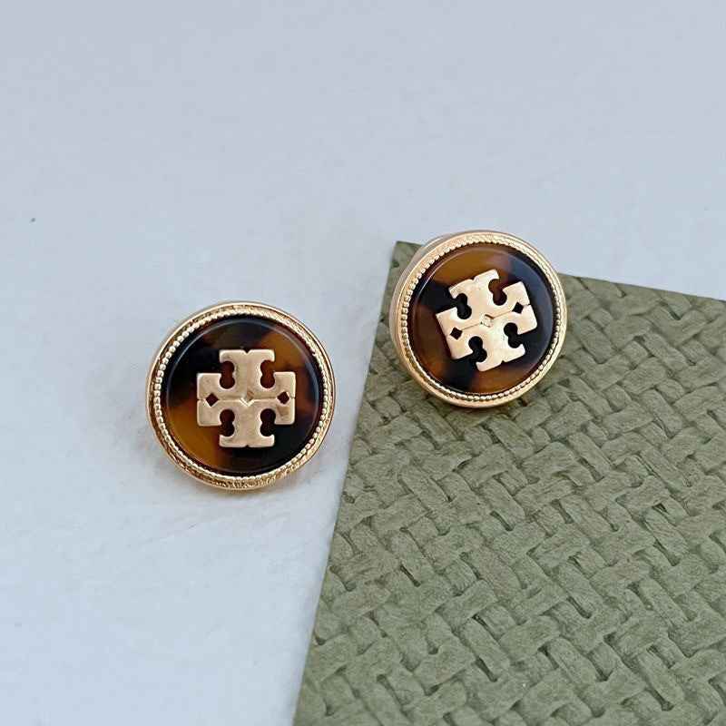 欧美时尚轻奢通勤小众ins天然贝壳镶嵌圆形金属耳钉 耳饰