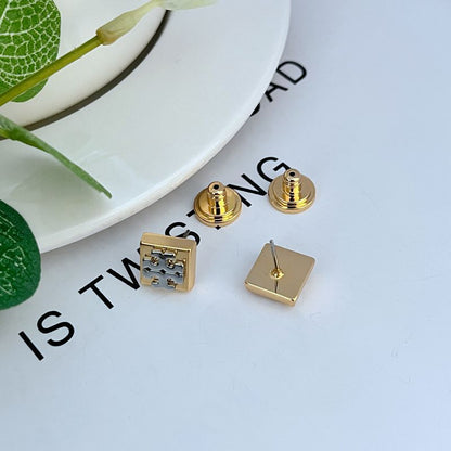 Square logo metal stud earrings with gold-tone backs and post closures