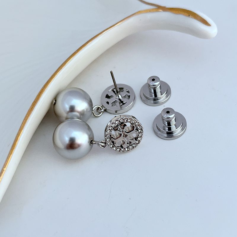 Tory Burch Diamond Round Logo Pearl Pendant Earrings