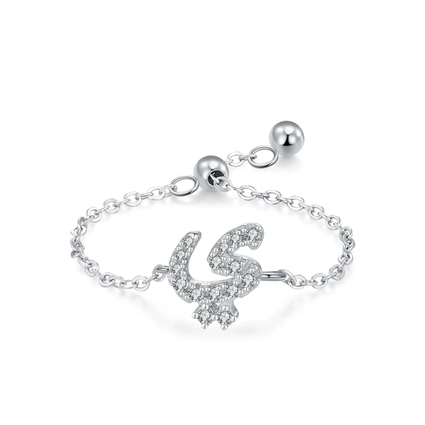 Silver Arabic letter pavé chain ring with pavé CZ letter charm and round ball adjuster