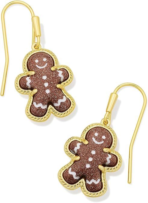Gold gingerbread man drop earrings with gingerbread-shaped enamel face details.